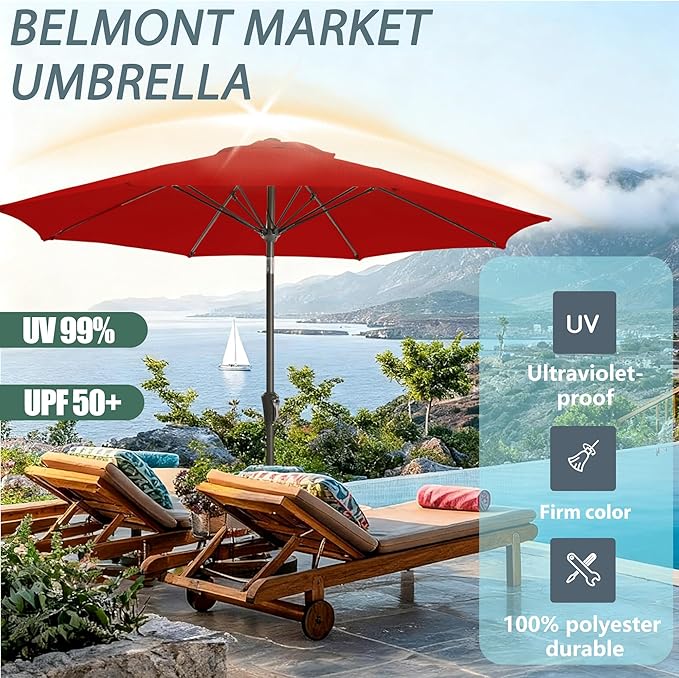 9FT Outdoor Patio Umbrella Outdoor pool Umbrella with Push Button Tilt and Crank, Market Umbrella 8 Sturdy Ribs UV Protection for Garden, Deck, Backyard (Red)