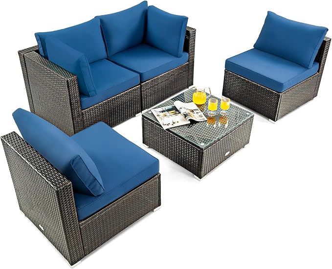 HAPPYGRILL 5 Pieces Patio Furniture Set Outdoor Rattan Wicker Sofa Set with Coffee Table Sectional Sofa Conversation Set with Pillows Cushions for Backyard Porch Garden Poolside