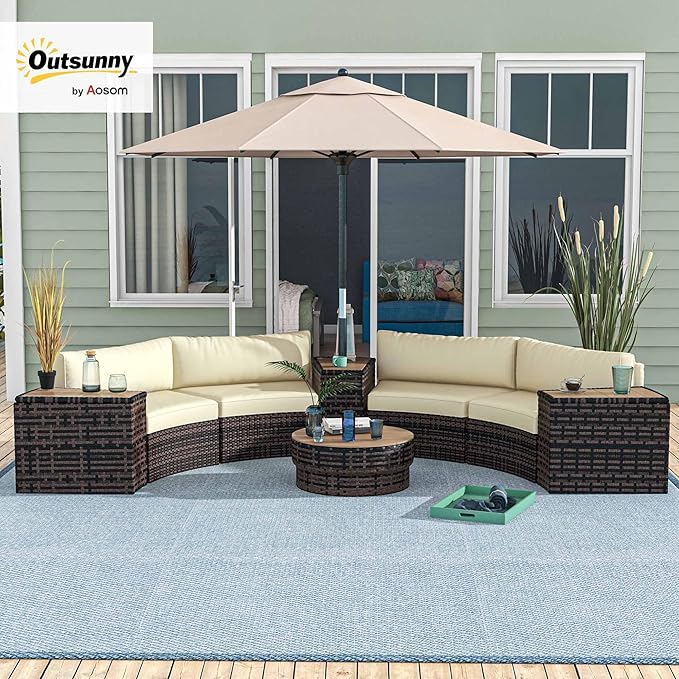 Outsunny 8 Piece Patio Furniture Set with 4 Rattan Sofa Chairs & 4 Tables, Outdoor Conversation Set with Storage & Umbrella Hole for Backyard, Lawn and Pool, Mixed Brown