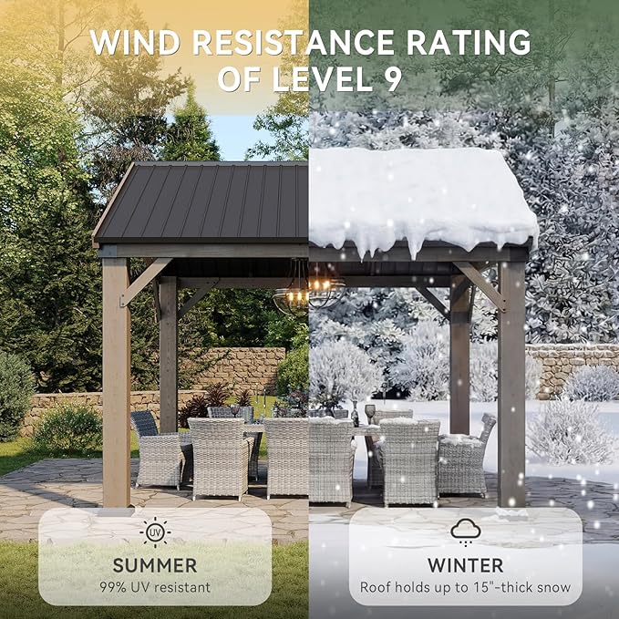 Aoxun 10' x 10' Outdoor Wood Gazebo, Hardtop Gazebo Permanent Wooden Pavilion with Galvanized Steel Gable Roof, for Patio, Garden, Backyard, Cedar Wood