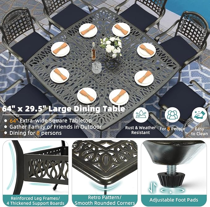 MEETWARM 9-Piece Outdoor Furniture Dining Set for 8, All Weather Cast Aluminum Patio Dining Set- Large 64" Square Table with Umbrella Hole and 8 Cushioned Chairs, Patio Table and Chairs Set, Navy Blue