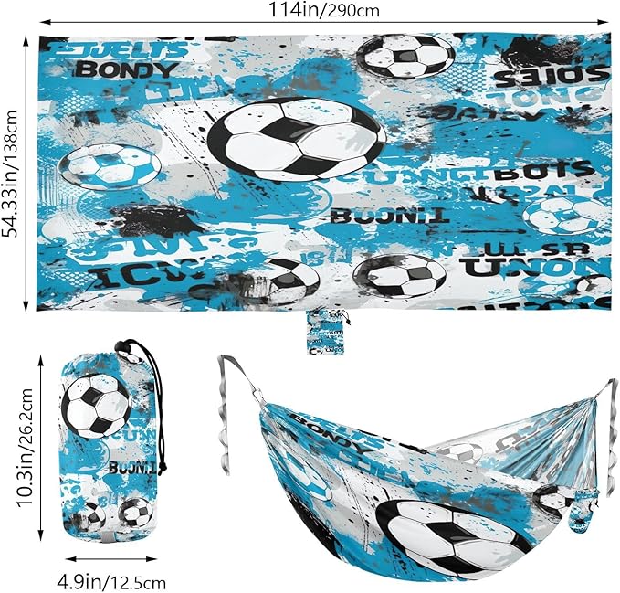 Qilmy Abstract Football Blue Camping Hammock Single – 330 lbs Capacity, Lightweight with Tree Straps & Carabiners, Portable for Hiking, Travel, Backpacking