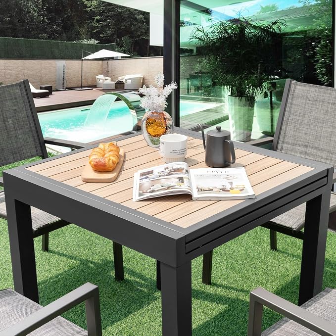 Tangkula 31.5"-63" Extendable Patio Dining Table, Aluminum Outdoor Dining Table for 4-6 People, L-Shaped Brace Included for Fixation, Space-Saving Expandable Table for Garden, Porch, Yard, Poolside
