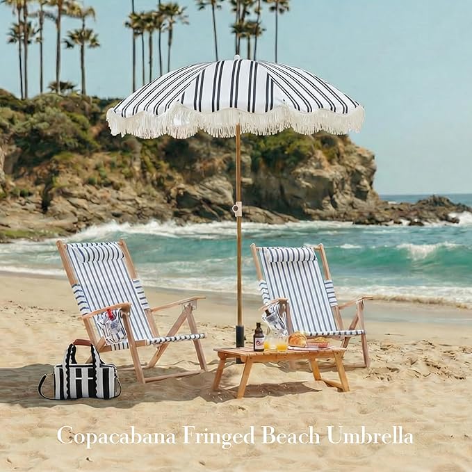 6FT Stripe Fringe Beach Umbrella for Sand with Sand Anchor, UPF 50+ Sun Shade with Tassels, Adjustable Tilt Pole, Portable Coastal Umbrella for Beach & Pool, Heritage Black Stripe