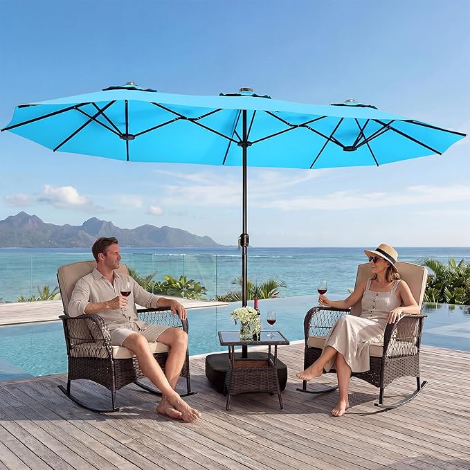 CHABATREE 15FT Double-Sided Patio Umbrella with Base Included, Large Outdoor Rectangular Market Umbrella for Backyard, Poolside, Lawn & Garden, Lake Blue