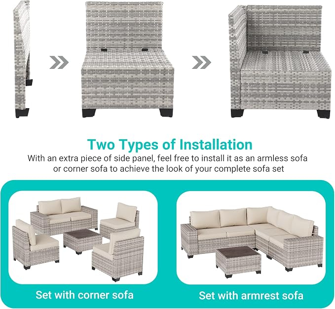 8-Piece Outdoor Patio Furniture Set Wicker Sectional Sofa Set with Ottomans, Patio Conversation Set with Thickened Cushions & Coffee Table for Garden, Backyard, Poolside, White