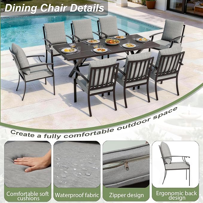 10 Piece Outdoor Dining Set for 8, Patio Table and Chairs Set with Umbrella, Metal Patio Furniture Set with 8 Stackable Chairs, Outdoor Table and Chairs with Cushions for Lawn, Garden, Yard-Grey