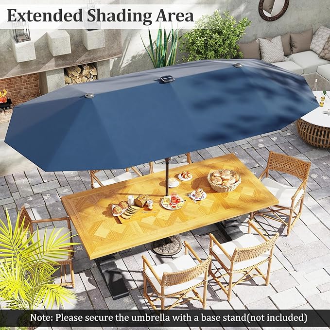 HAPPYGRILL 13 FT Double-sided Patio Umbrella with Solar Lights, Crank Handle & 12 Heavy-Duty Ribs, Outdoor Twin Size Oversized Rectangle Market Umbrella for Garden Deck Poolside