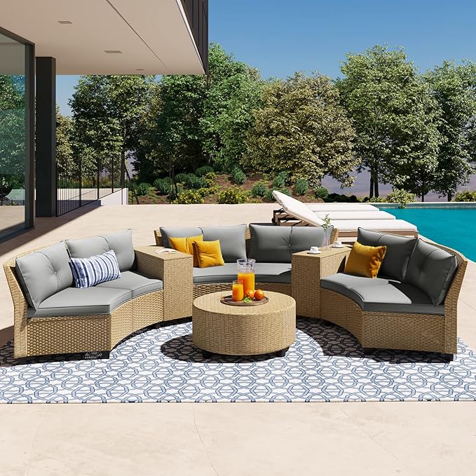 9-Piece Half-Moon Rattan Patio Conversation Set, Patio Sectional Furniture Sofa Set with Thick Cushions Outdoor Patio Furniture Set with Table for Garden, Backyard, Deck, Porch, Terrace, Gray