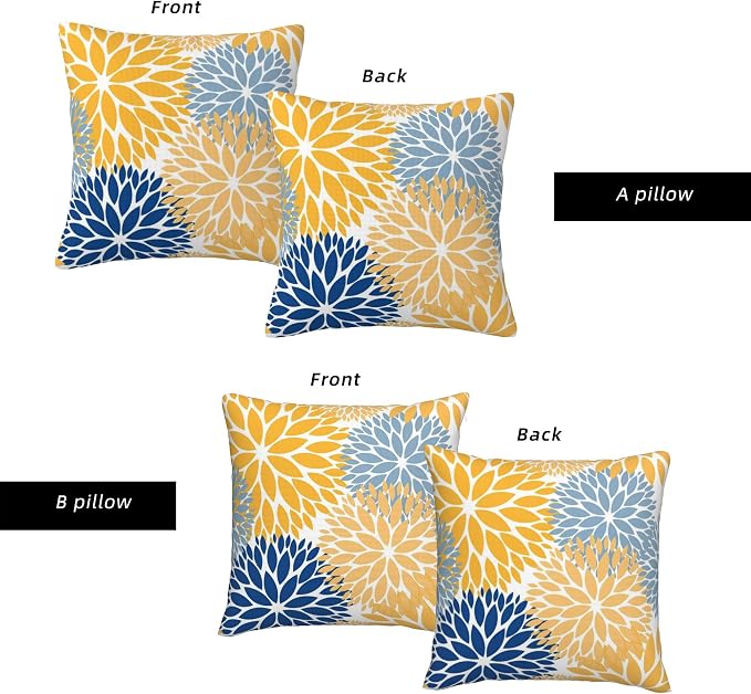Spring Outdoor Pillow Covers 20x20 Set of 2, Yellow Blue Floral Waterproof Cushion Covers, Boho Patio Furniture Pillows for Spring Home Decor