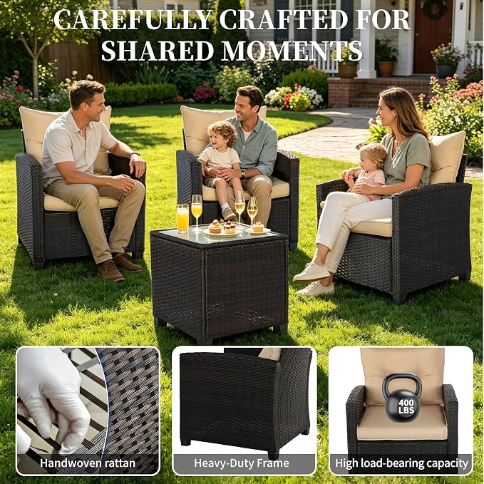 3 Pieces Patio Furniture Set,Outdoor Wicker Conversation Set,Outdoor Wicker Patio Chairs with Cushions & Glass Coffee Table,Bistro Set Outdoor for Porch (Beige)