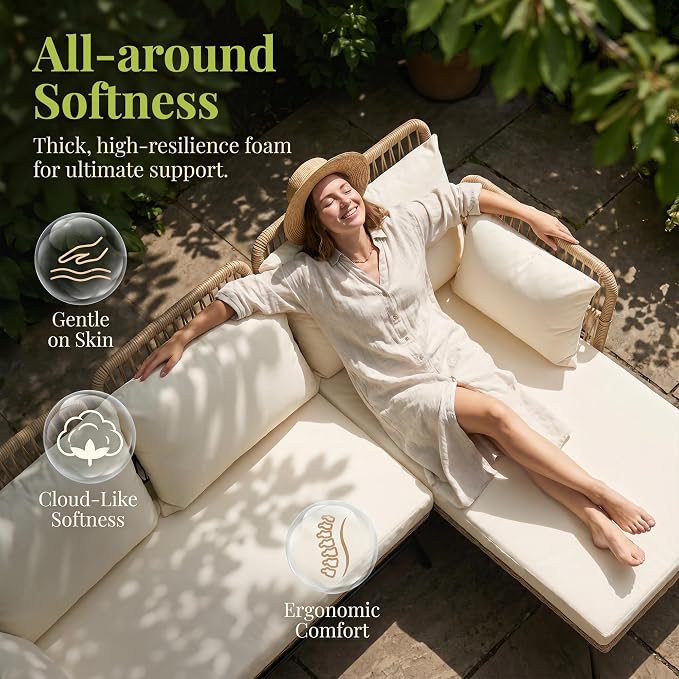 RADIATA 3 Pieces Boho Patio Furniture Set with Comfortable Cushion, Wicker Outdoor Sectional Sofa, L-Shape Lounge Conversation Set for Balcony Porch Backyard Deck, Beige