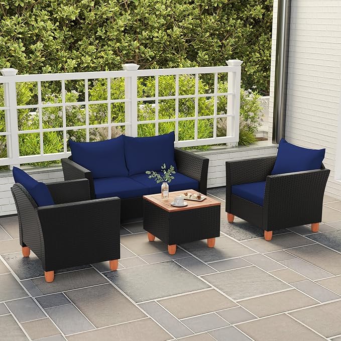 Tangkula 4 Piece Outdoor Conversation Set, Patio Cushioned Chairs w/Storage Coffee Table, Acacia Wood Tabletop & Chair Legs, Patio Wicker Furniture Set for Poolside, Lawn, Porch (1, Navy)