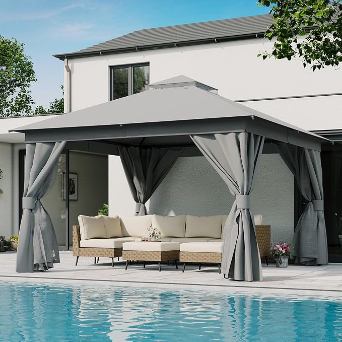 LAUSAINT HOME Patio Gazebo 12'x12', Outdoor Heavy Duty Party Tent Shelter with Double Roofs, Mosquito Nettings and Privacy Screens for Backyard, Garden, Lawn, Gray