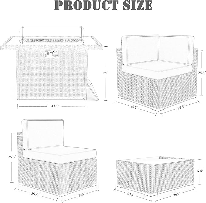 10 Pieces Patio Furniture Set with 44" Propane Gas Fire Pit Table, Outdoor Sectional Wicker Conversation Sofa Sets with Coffee Table