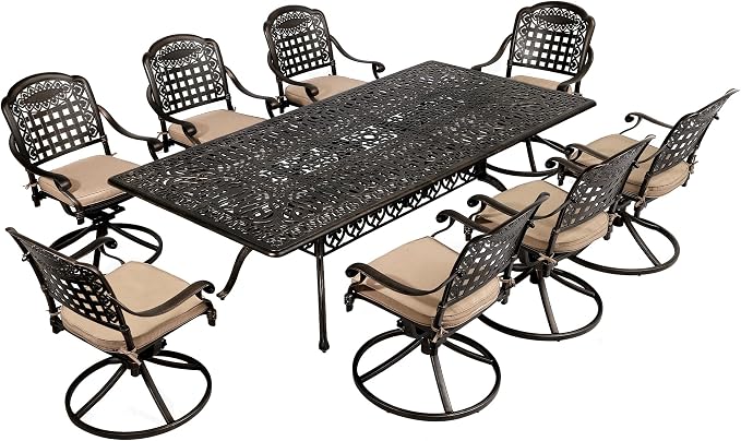 TITIMO 9-Piece Cast Aluminum Patio Furniture Set, Outdoor Patio Dining Set Bistro Conversation Set, Rectangular Dining Table Set w/Cushions Umbrella Hole (Khaki-Swivel Grid Chair, 9 Pcs)