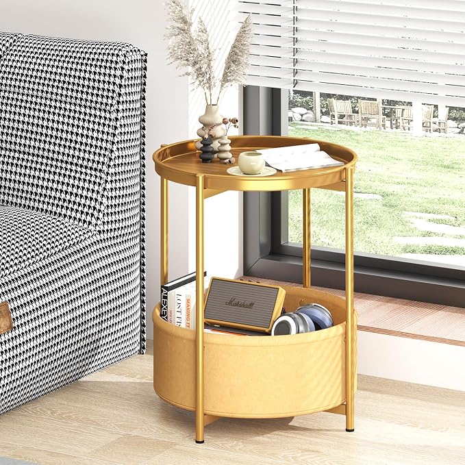 Garden 4 you Side Table with Fabric Storage Basket, Round Metal End Table, Small Bedside Table Nightstand with Removable Tray, for Nursery, Living Room, Bedroom, Bathroom, Gold