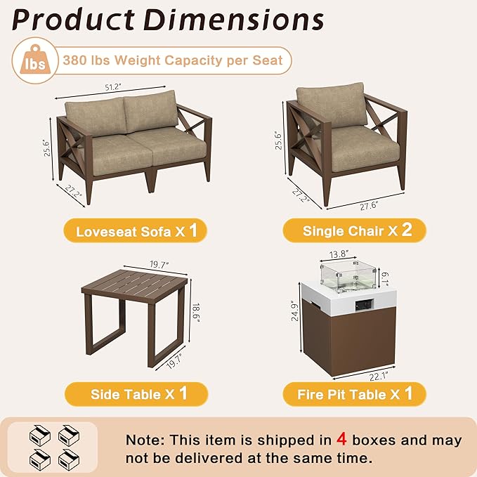 MBY Aluminum Patio Furniture Set with Fire Pit Table, 6-Piece All-Weather Outdoor Conversation Set with Swivel Rocking Chairs, Oversized Modern Sofa for Backyard, Deck, Balcony-Brown