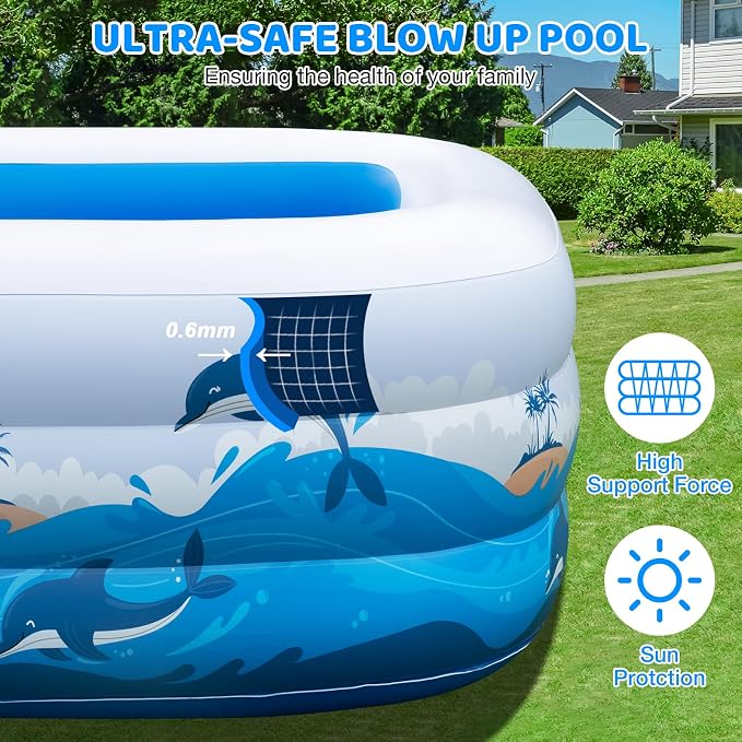 Extra Large Family Inflatable Pool, 130" x 72" x 22" Blow Up Pool for Kids & Adults, Thick PVC Kiddie Swimming Pool for Backyard Summer Fun