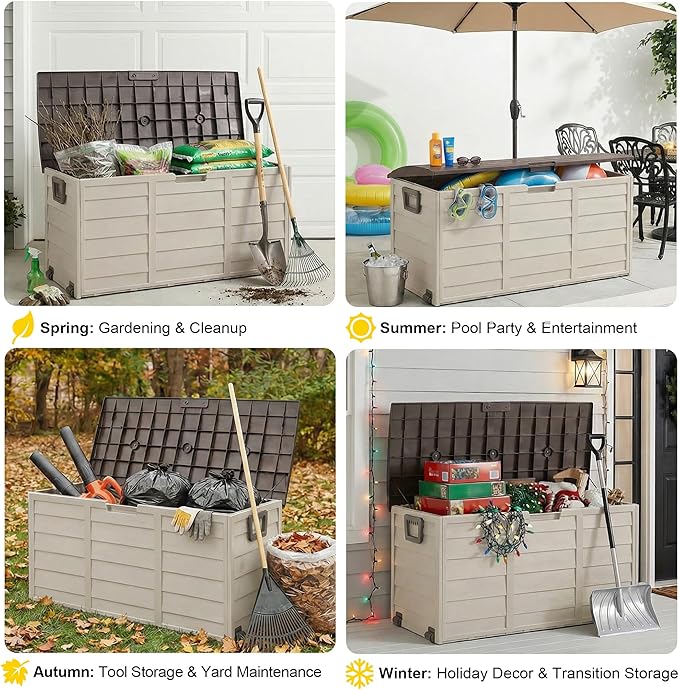 75 Gallon Resin Deck Box, Waterproof Anti-UV Lockable Outdoor Storage Bin for Patio Furniture Garden Tools, Heavy Duty Indoor Package Delivery Deck Boxes for Pillows Pool Cushions, Beige