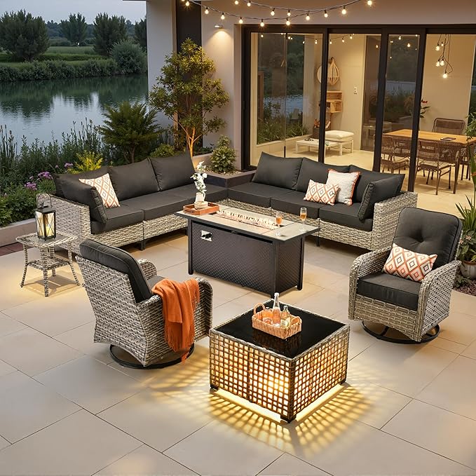 11 Pieces Outdoor Sectional Patio Furniture Set with 54" Fire Pit,Wicker Conversation Sets Rattan L Shaped Couch Swivel Rocking Chairs,Modular Outdoor Sofa for Porch Balcony Backyard Black