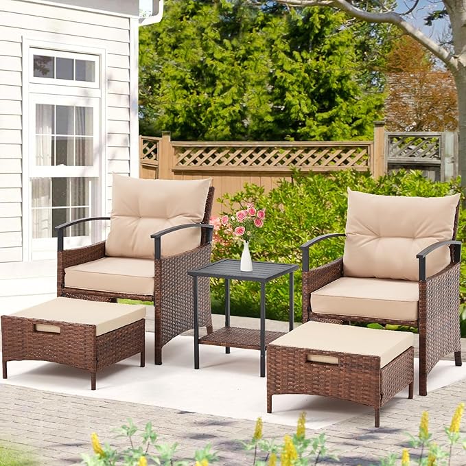 AVAWING 5 Pieces Patio Furniture Set, Outdoor Rattan Chairs with Metal Coffee Table, Ottomans & Soft Cushions, Wicker Conversation Bistro Set for Garden, Deck, Balcony, Poolside(Beige)