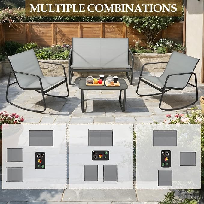 GEONKAI 4 Piece Patio Furniture Set, Olefin Loveseat Outdoor Furniture with 2 Rocking Chairs, Patio Conversation Set with Coffee Table, Breathable & Comfortable for Garden, Poolside, Balcony (Grey)