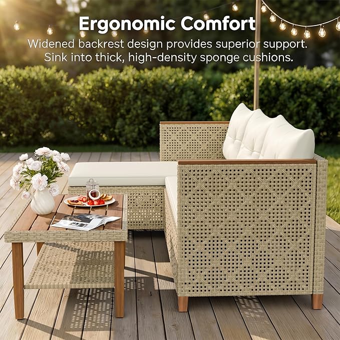 Greesum All-Weather Modular Rattan Sofa Set - Hand-Woven PE Wicker, L-Shaped Patio Couch with Cushions & Coffee Table for Indoor/Outdoor Use