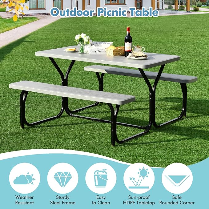 MEDIMALL Portable Picnic Table With Benches, Plastic Bench Set With Metal Frame & All Weather Tabletop, Large Camping Table for Outdoors, Backyard, Garden (Gray)