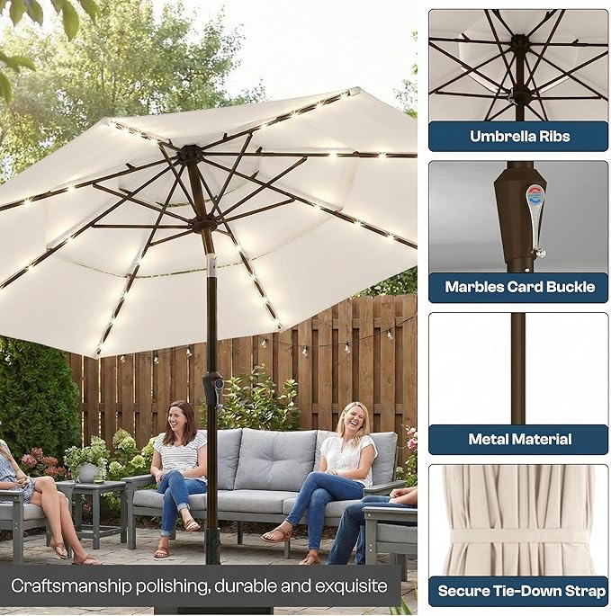 10ft 3-Tier Patio Umbrella with 32 Solar Powered LED Lights, Windproof Outdoor Market Umbrella for Deck, Poolside & Garden, Sturdy Push-Button Tilt Table Umbrella, Creamy White