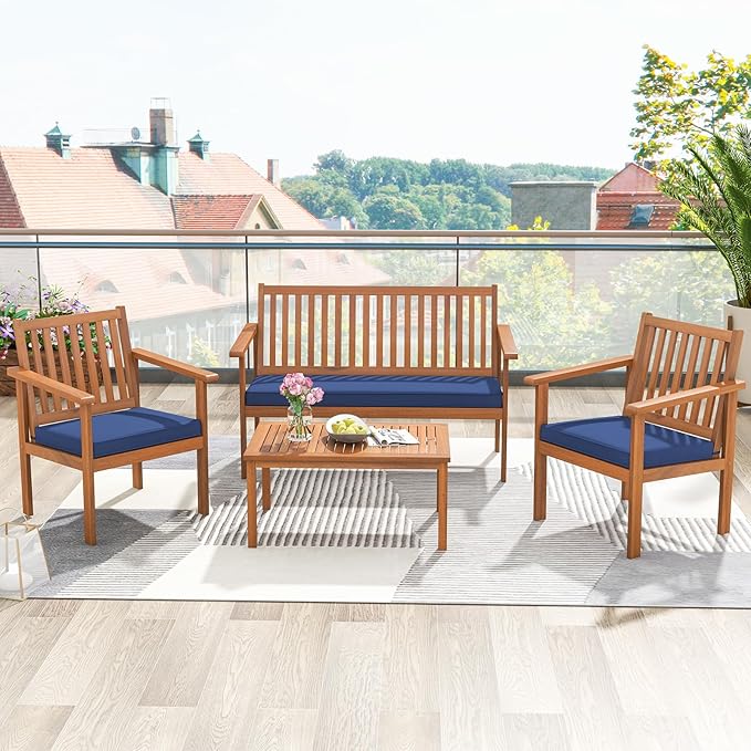 Tangkula 4 Piece Patio Wood Furniture Set, Acacia Wood Sofa Set w/Loveseat, 2 Chairs & Coffee Table, Soft Seat Cushions, Outdoor Wood Furniture Set for Porch, Yard, Balcony (Navy)