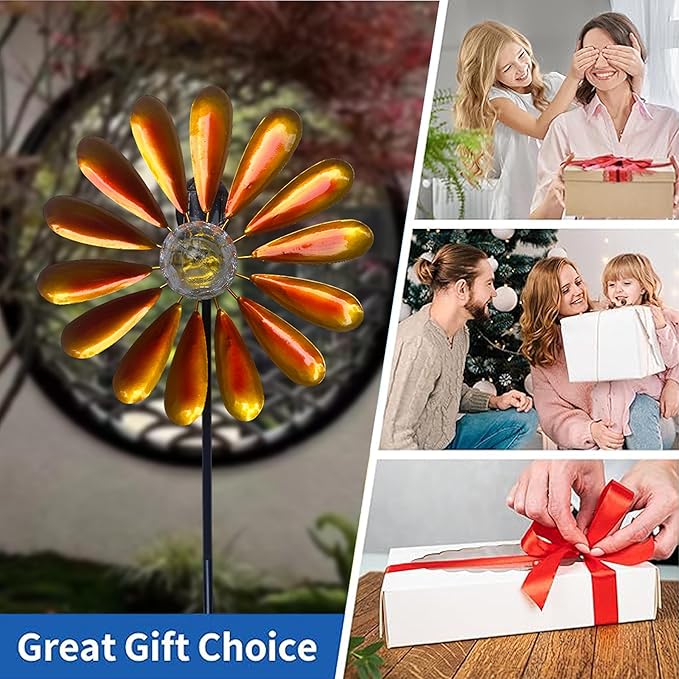 Solar Daisy Garden Wind Spinner, 44.48 Inch, Metal Stake Yard Wind Spinner with Solar-Powered Warm White LED Glass Globes and Dynamic Spinning Windmill for Yard Decor. Orange