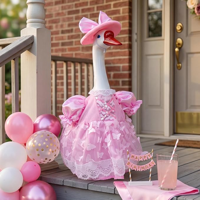 Porch Goose Statue with Princess Outfits - Cute Resin Goose Figurine with Pink Princess Dress Bow Hat, Waterproof Weather Resistant Garden Decor for Patio Lawn Room, Gift for Women Goose Lovers