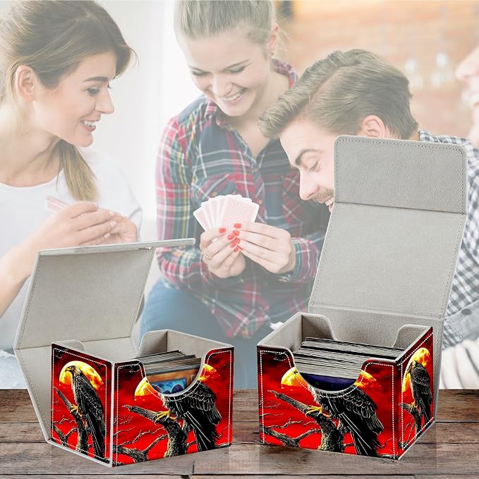 Card Deck Box for MTG, Cards Storage Box Fits 120+ Sleeved, Leather Small Size Strong Magnetic Closing Card Case for Board Games Magic TCG CCG Baseball Collection, Red Sky Eagle