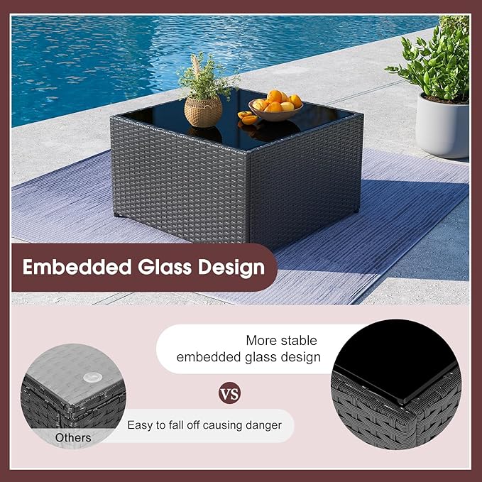kinbor 7 Piece Outdoor Furniture Set - Waterproof Black PE Wicker Patio Sofa with Cushions for Backyard, Poolside & Porch, Burgundy