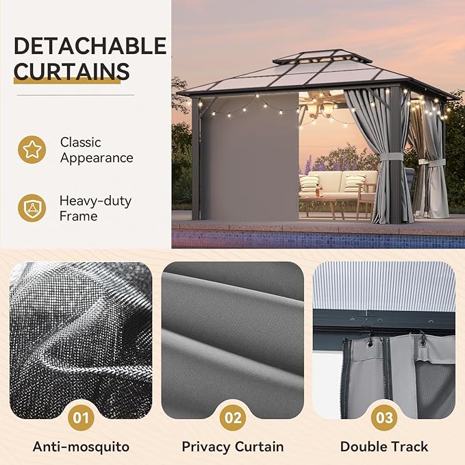 Aoxun 10'x12' Hardtop Gazebo, Outdoor Metal Gazebo with Double Polycarbonate Roof Canopy, Permanent Pavilion with Netting and Curtains for Lawn, Garden, Patio (Gray)