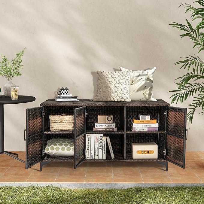HAPPYGRILL Outdoor Rattan Wicker Deck Box Storage Cabinet, Patio Storage Container with 3 Doors and Removable Shelves, for Backyard Garden Poolside, 84 Gallon