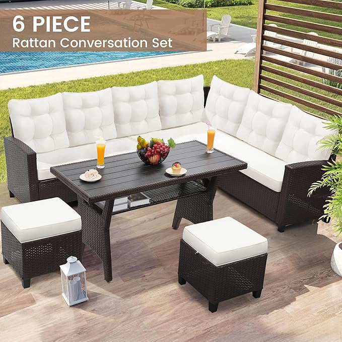 KROFEM 6 Piece Patio Furniture Set, Dining and Conversation Set, Beige | UV Treated Wicker, Machine Washable Cushions, Seats 7, 2 Ottomans, 3 Sofa Section, Dining Table, Rustproof Frame
