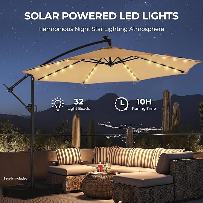 HOMSHADE 10ft Solar Lights Offset Cantilever Patio Umbrella - with Light and Base, LED Lighted Offset Hanging Patio Outdoor Market Umbrella UPF50+ UV Protection with Easy Tilt and Crank (Beige)