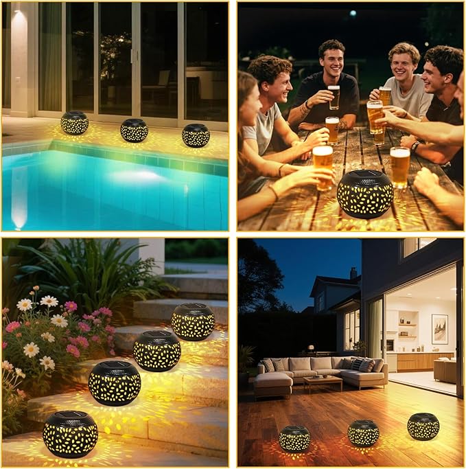 Solar Table Light Waterproof Outdoor & Indoor Lantern - Black Metal Retro Hollowed-Out Flickering Flame Tabletop Lights for Desk/Bedroom/Patio/Garden, Solar Powered Lamp Pathway Yard Garden Decor
