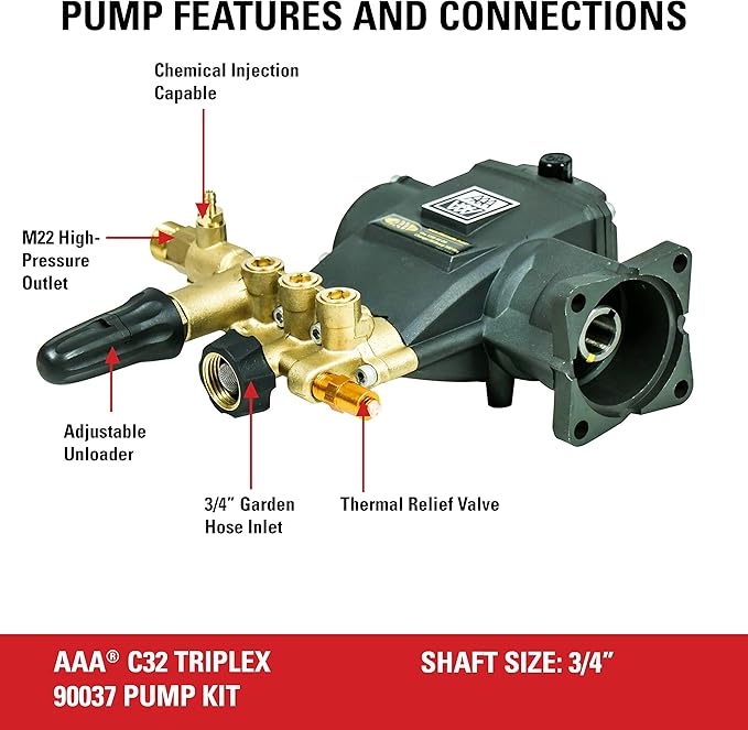 AAA 90037 Horizontal Triplex Plunger Replacement Pressure Washer Pump Kit, 3700 PSI, 2.5 GPM, 3/4" Shaft, Includes Hardware and Siphon Tube, for Industrial Gas Powered Machines, Black and Valley Industries Pressure Washer Premium Pump Oil - 1 Liter, Bl...