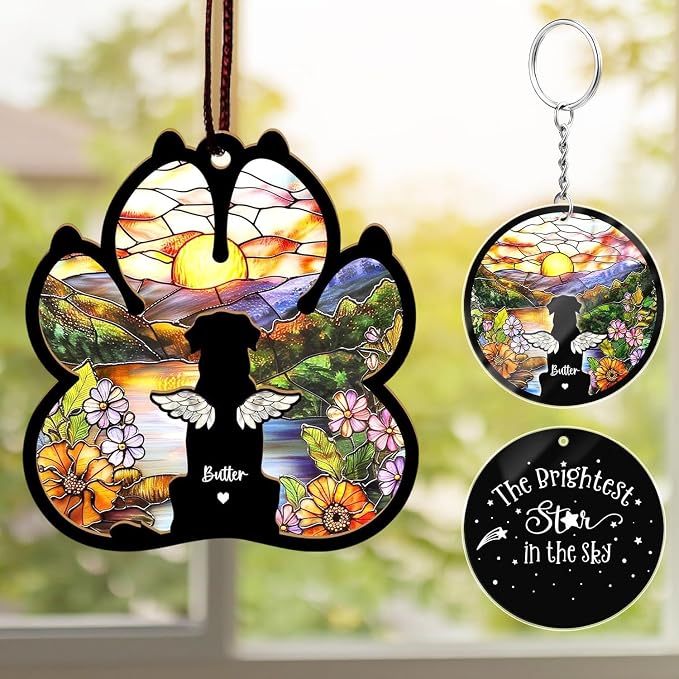 Personalized Pet Memorial Suncatcher, Custom Dog Cat Memorial Window Hanging with Photo & Name, Stained Glass Style Memorial Suncatcher, Rainbow Bridge Sympathy Gift for Pet Lovers