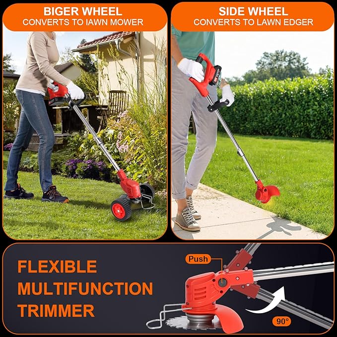 Electric Weed Wacker Cordless with Wheels, 2pcs Batteries&4 Types Blades,Lightweight, Low Noise Weed Trimmer 21V stringless Weed Wacker, Grass Trimmer/Brush Cutter/Edger, for Thick Weeds&Yard Garden