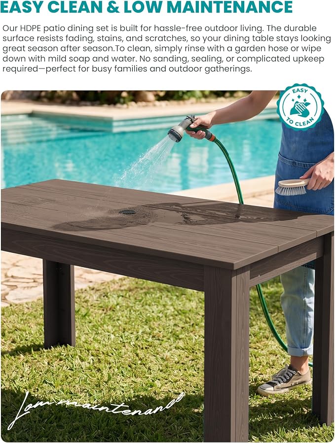SERWALL 59" Patio Dining Set for 8, HDPE Dining Set, Coffee | Include 2 Rectangular Tables and 8 armless Chairs, All Weather Dining Sets for Garden, Backyard