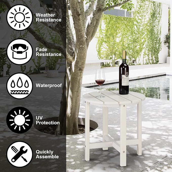 18" HDPE Adirondack Weather Resistant Square Side Table for Patio, Backyard, Pool, Indoor, Beach Use, Easy Maintenance (Round, White)