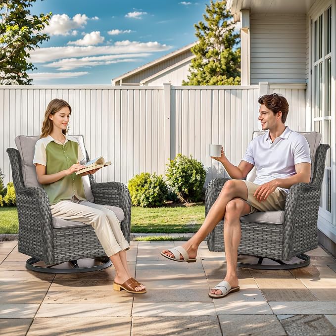 Outdoor Swivel Rocker Patio Chairs Set of 4 with Ottoman Coffee Table - 5" Thick Cushion 7 Piece Furniture Set All Weather Comfortable Wicker Conversation Set for Porch Deck - Gray/Beige