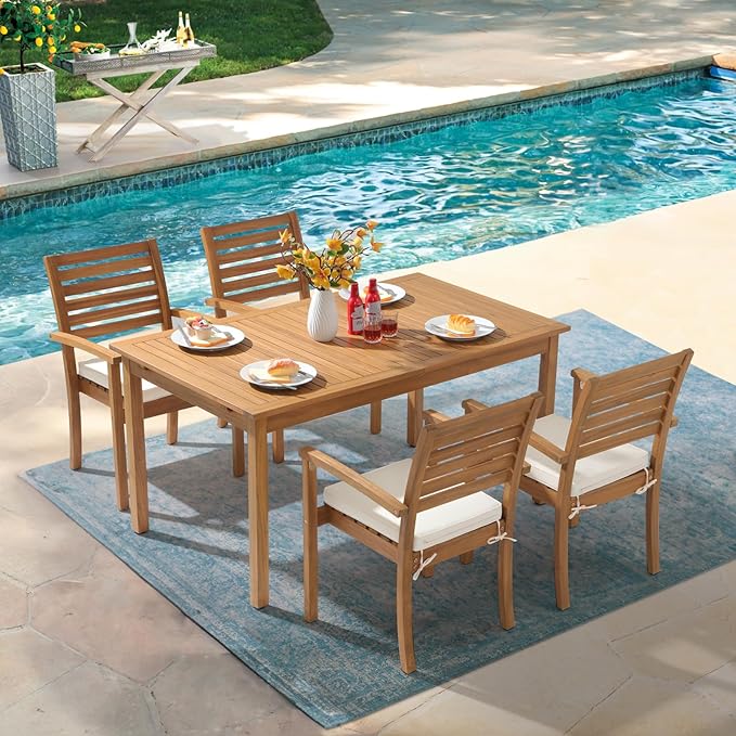 OC Orange-Casual 5 Piece Patio Dining Set, Outdoor Acacia Wood Furniture Set, Extendable Rectangular Solid Table and 4 Stackable Chairs for Lawn Backyard Deck, White Cushion