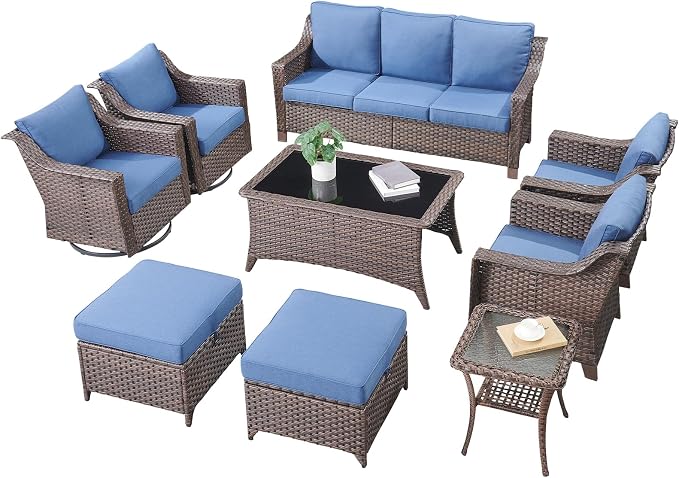 Outdoor Patio Furniture Set-Rattan Wicker Coversation Set with High Back Couch Swivel Glider Chair with Ottomans Outdoor Furniture for Porch Garden Backyard Poolside-Brown/Blue
