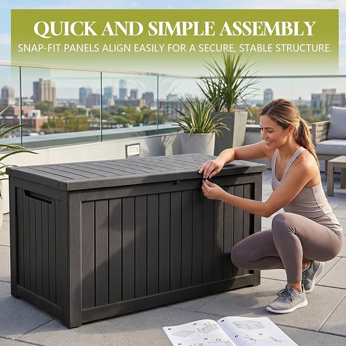 325 Gallon Outdoor Storage Box | Lockable Resin Deck Box, 880 lbs Seating & Safety Hydraulic Rod, UV-Resistant Patio Storage for Cushions, Tools & Packages
