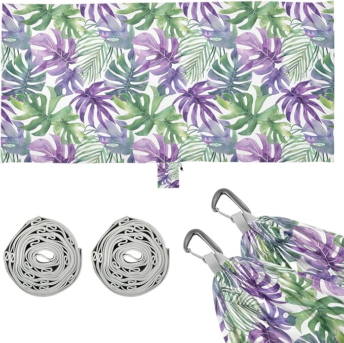Camping Hammock Outdoor Hammocks for Outside Green Purple Tropical Leaf Beach Trees Portable Lightweight with Pockets Tree Straps Indoor Small